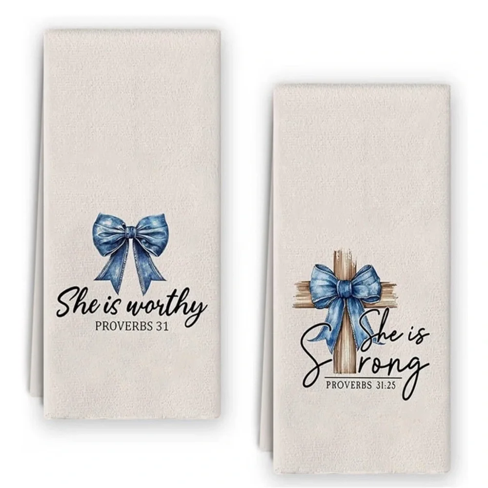 Embroidered Scripture Kitchen Towels - Blue Bow Design